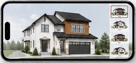 A home shown on a phone held sideways, with front, side and rear views